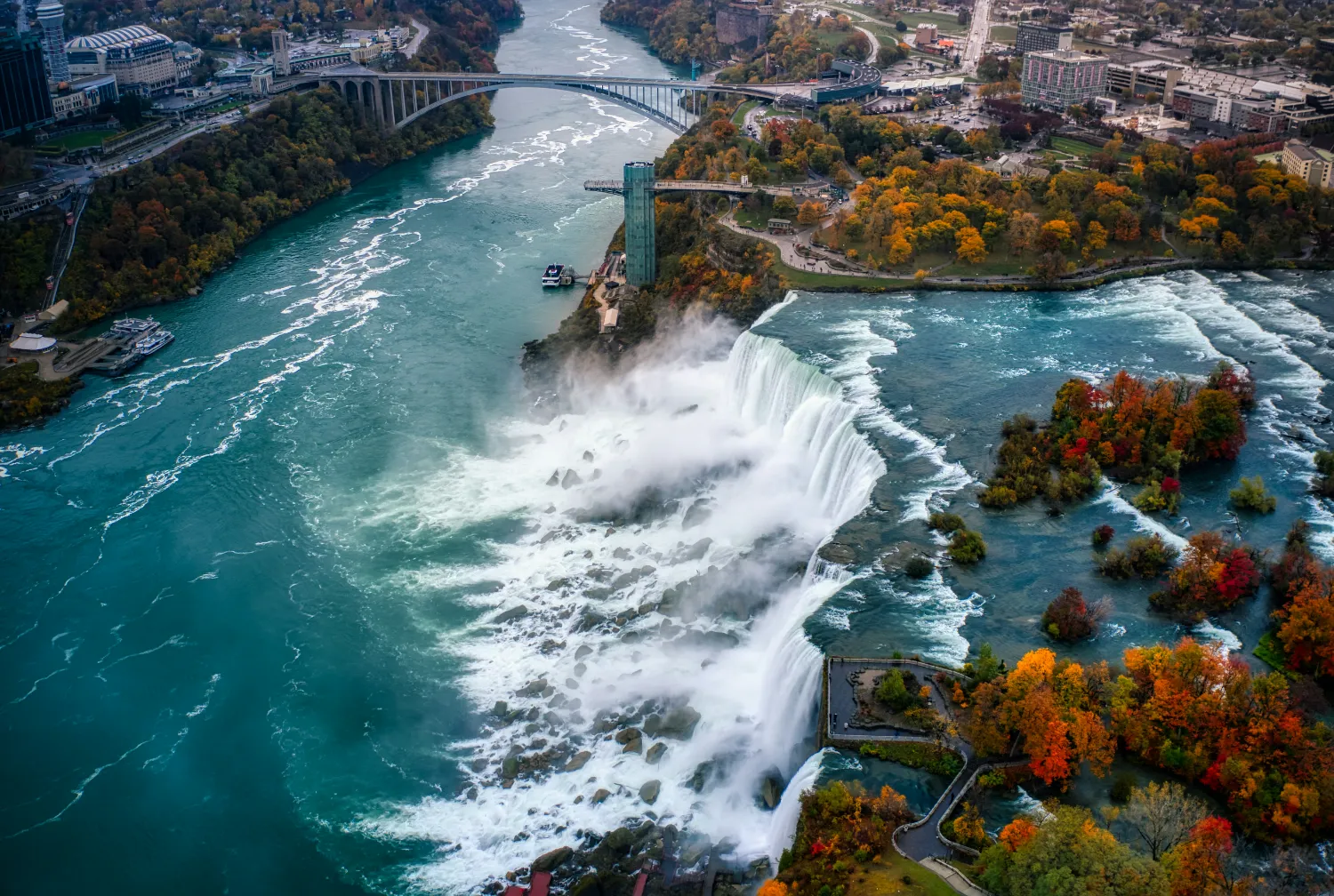 Aerial view of Niagara Falls and the Niagara River, Ontario